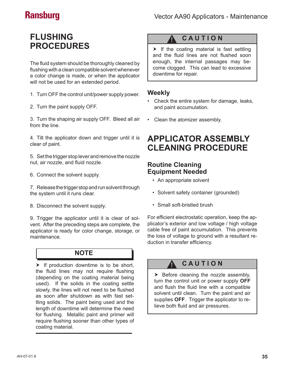 Ransburg, Applicator assembly cleaning procedure, Flushing procedures | Ransburg Vector AA90 79581 Classic User Manual | Page 39 / 62