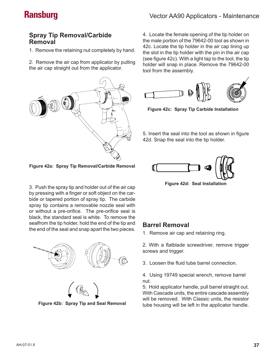 Ransburg, Spray tip removal/carbide removal, Barrel removal | Vector aa90 applicators - maintenance | Ransburg Vector AA90 79581 Classic User Manual | Page 41 / 62