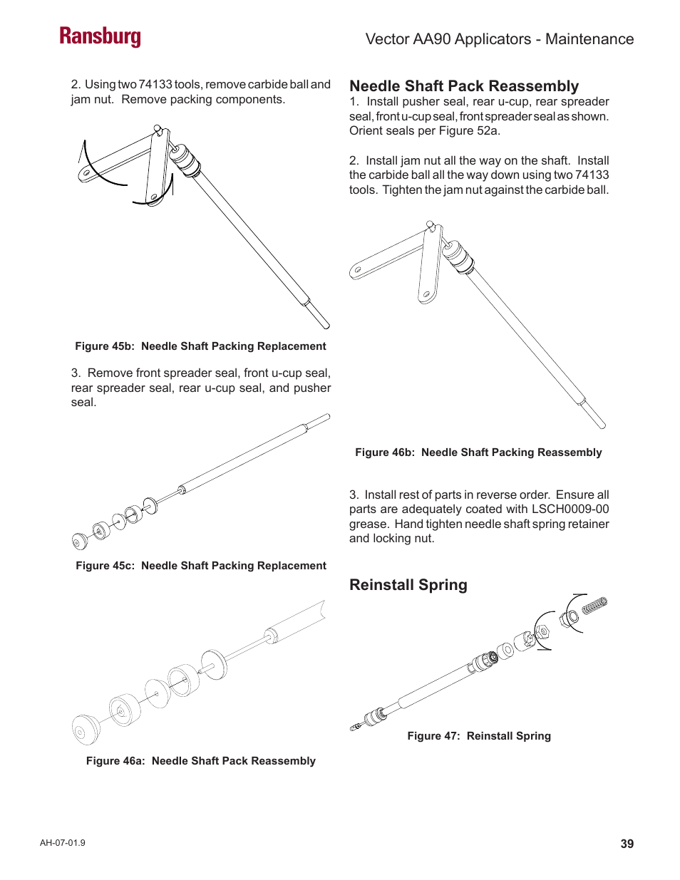 Ransburg, Reinstall spring, Needle shaft pack reassembly | Vector aa90 applicators - maintenance | Ransburg Vector AA90 79581 Classic User Manual | Page 43 / 62