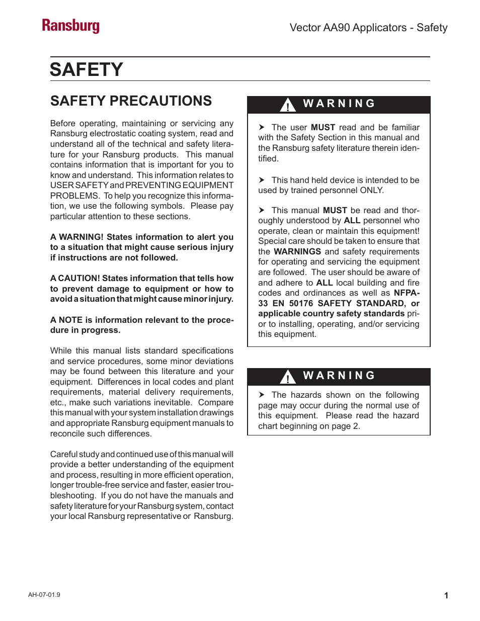 Safety, Ransburg, Safety precautions | Ransburg Vector AA90 79581 Classic User Manual | Page 5 / 62