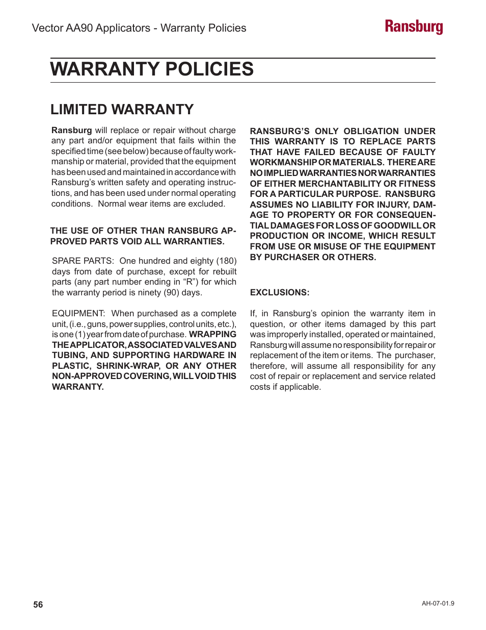 Warranty policies, Ransburg, Limited warranty | Ransburg Vector AA90 79581 Classic User Manual | Page 60 / 62