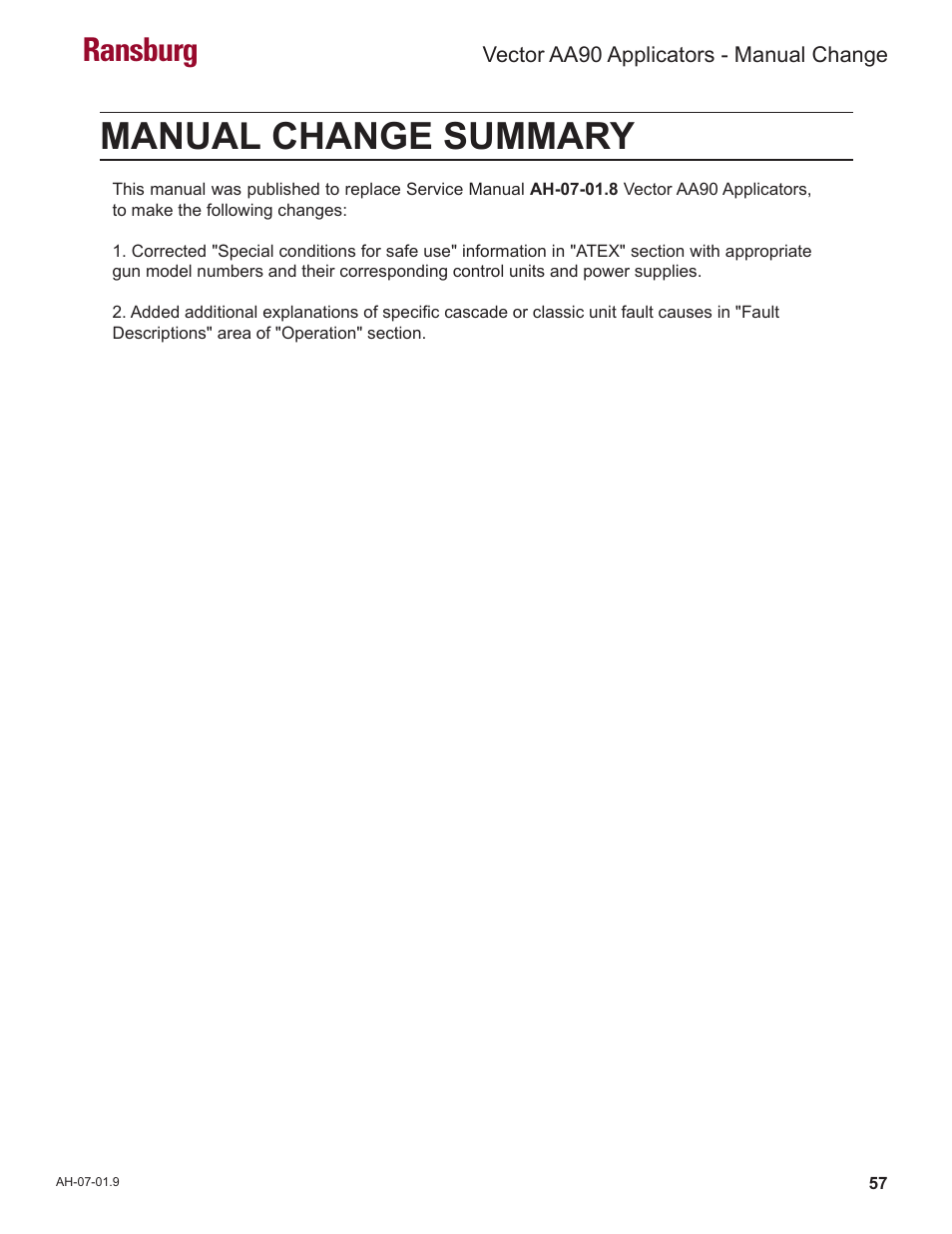 Manual change summary, Ransburg | Ransburg Vector AA90 79581 Classic User Manual | Page 61 / 62