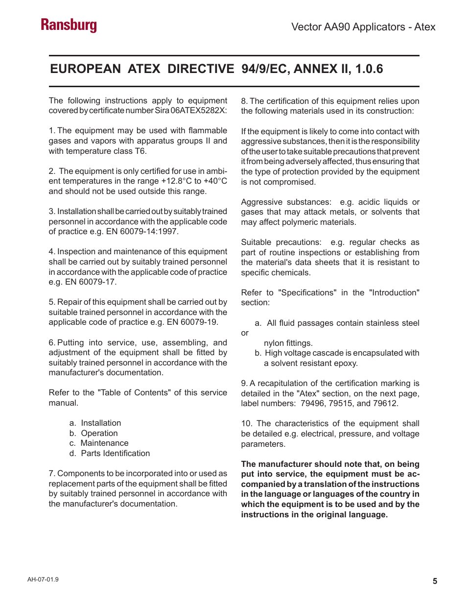Ransburg, Vector aa90 applicators - atex | Ransburg Vector AA90 79581 Classic User Manual | Page 9 / 62