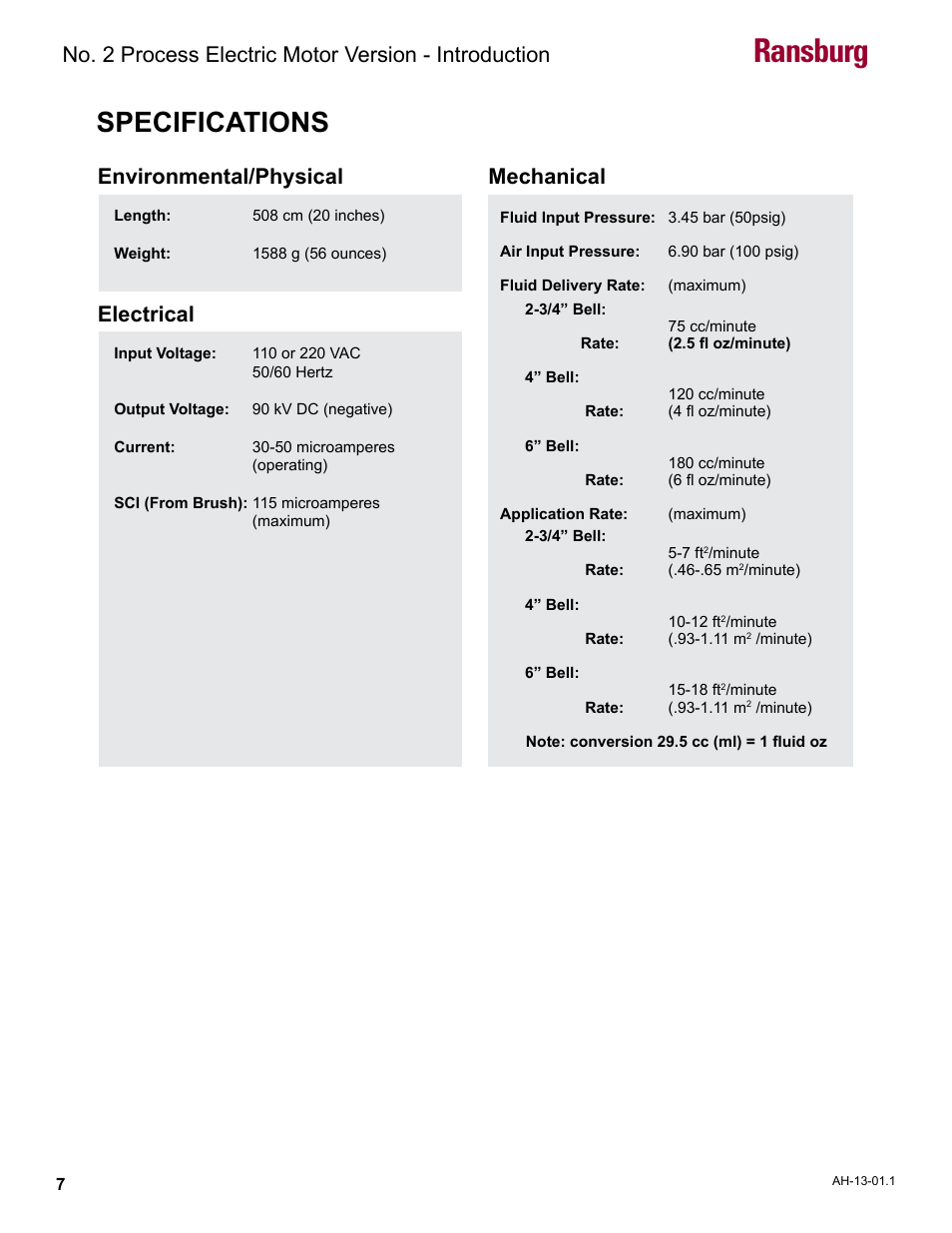 Specifications, Ransburg, Environmental/physical electrical mechanical | Ransburg No. 2 Process Handgun Electric Motor User Manual | Page 11 / 61