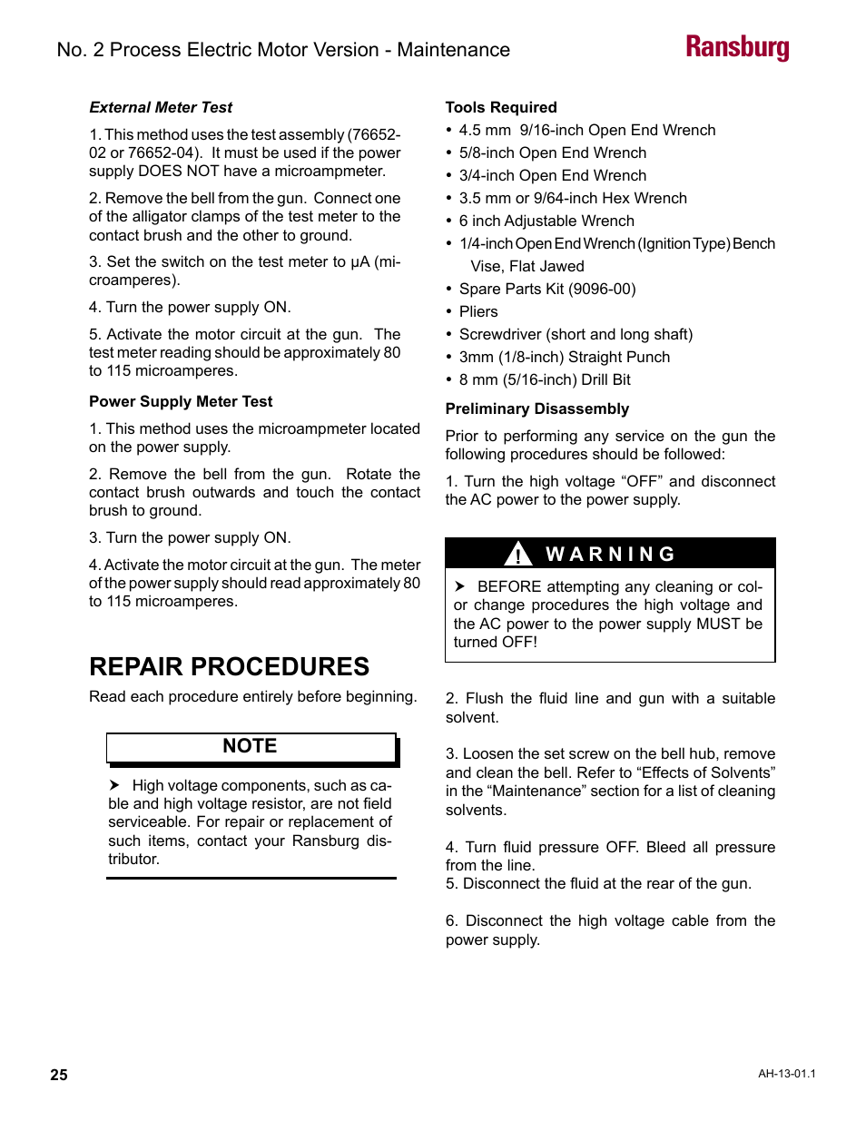 Repair procedures, Ransburg, No. 2 process electric motor version - maintenance | Ransburg No. 2 Process Handgun Electric Motor User Manual | Page 29 / 61