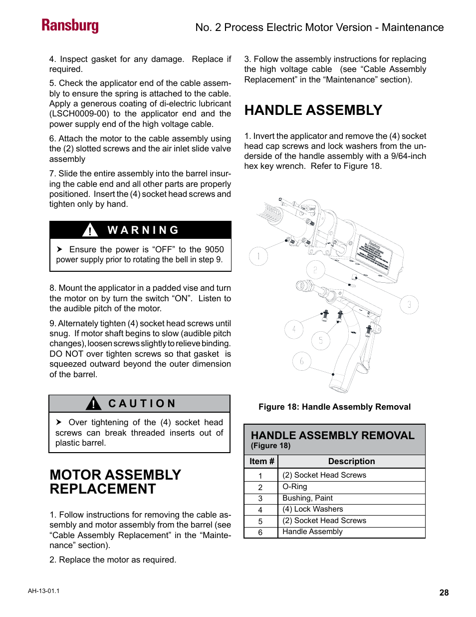 Motor assembly replacement, Handle assembly, Ransburg | Ransburg No. 2 Process Handgun Electric Motor User Manual | Page 32 / 61