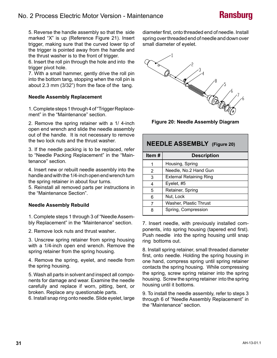 Ransburg, No. 2 process electric motor version - maintenance, Needle assembly | Ransburg No. 2 Process Handgun Electric Motor User Manual | Page 35 / 61