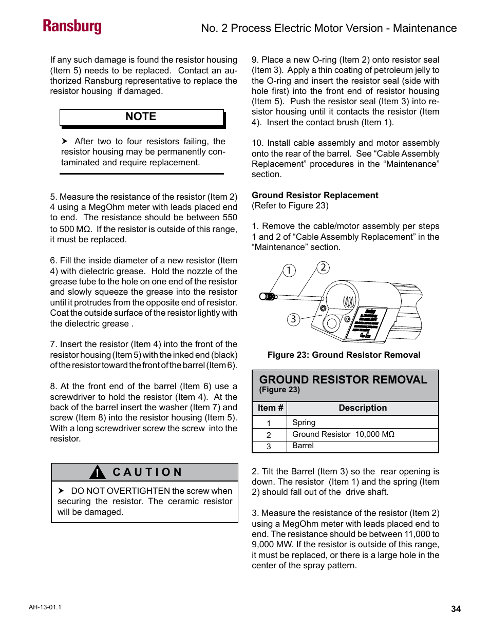 Ransburg, No. 2 process electric motor version - maintenance, Ground resistor removal | Ransburg No. 2 Process Handgun Electric Motor User Manual | Page 38 / 61