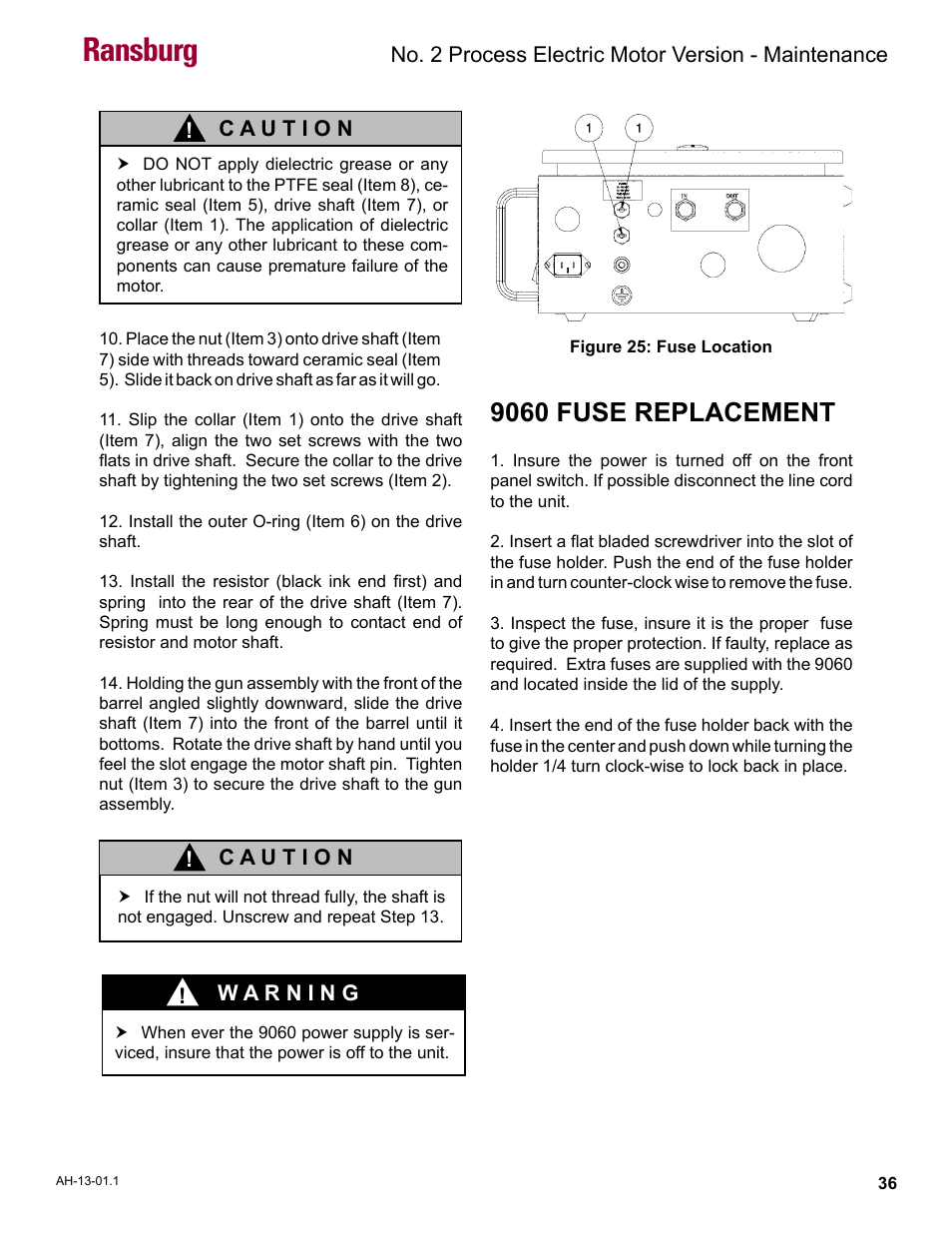 9060 fuse replacement, Ransburg | Ransburg No. 2 Process Handgun Electric Motor User Manual | Page 40 / 61