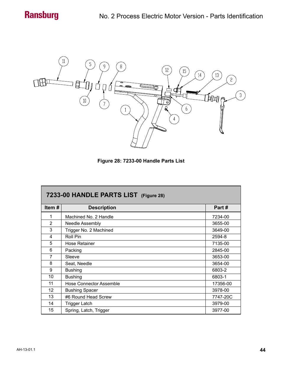 7233-00 handle parts list, Ransburg | Ransburg No. 2 Process Handgun Electric Motor User Manual | Page 48 / 61