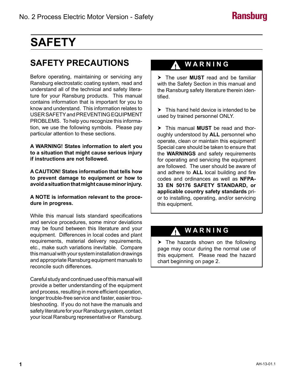 Safety, Safety precautions, Ransburg | Ransburg No. 2 Process Handgun Electric Motor User Manual | Page 5 / 61