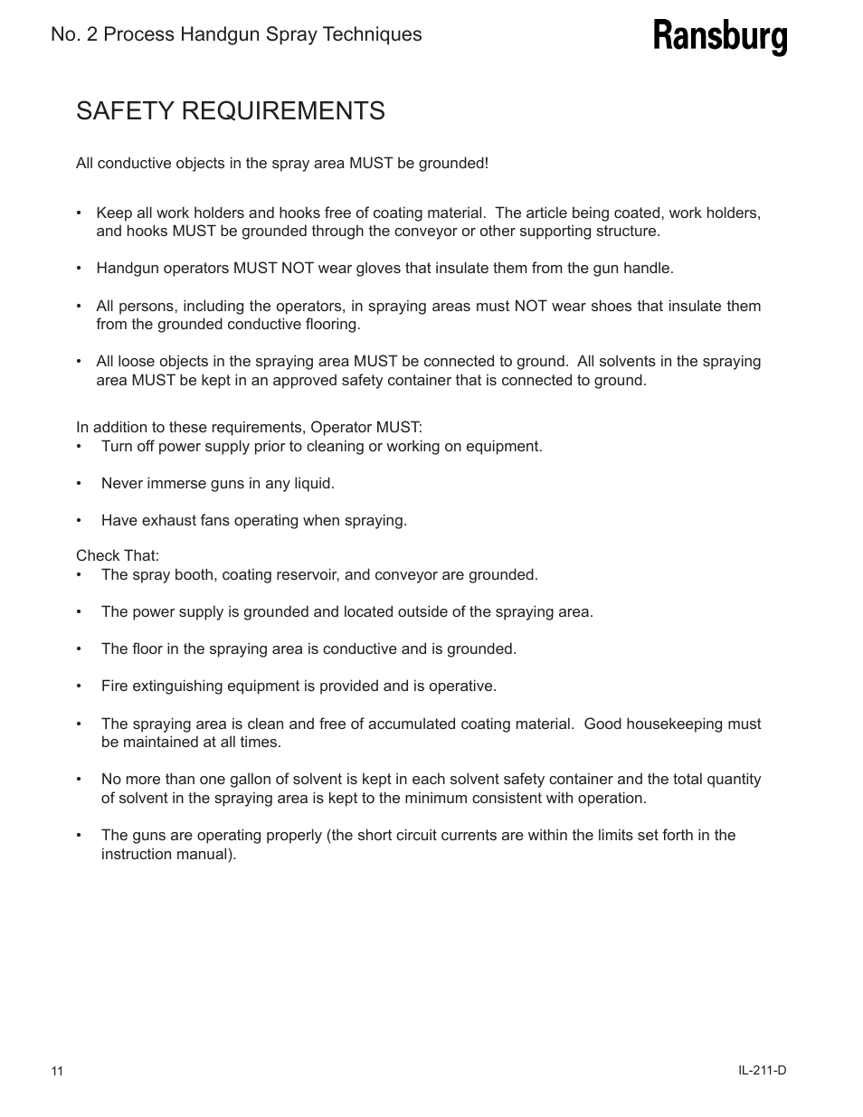 Safety requirements, No. 2 process handgun spray techniques | Ransburg No. 2 Spray Techniques User Manual | Page 14 / 16