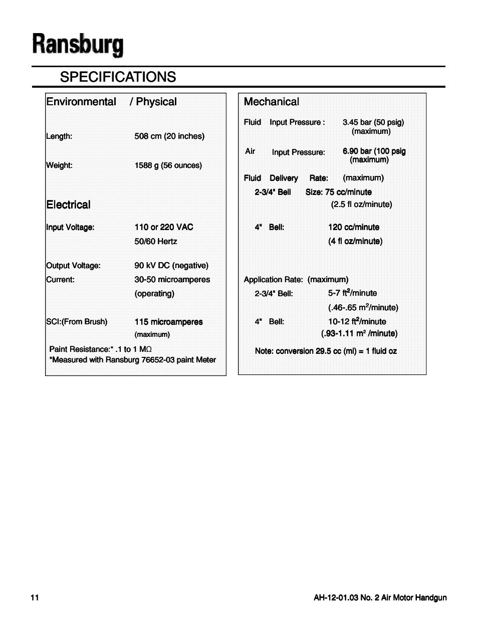 Specifications, Environmental, Physical | Mechanical, Electrical | Ransburg No. 2 Air Motor Atex Approved Unit 80086-XX User Manual | Page 11 / 63