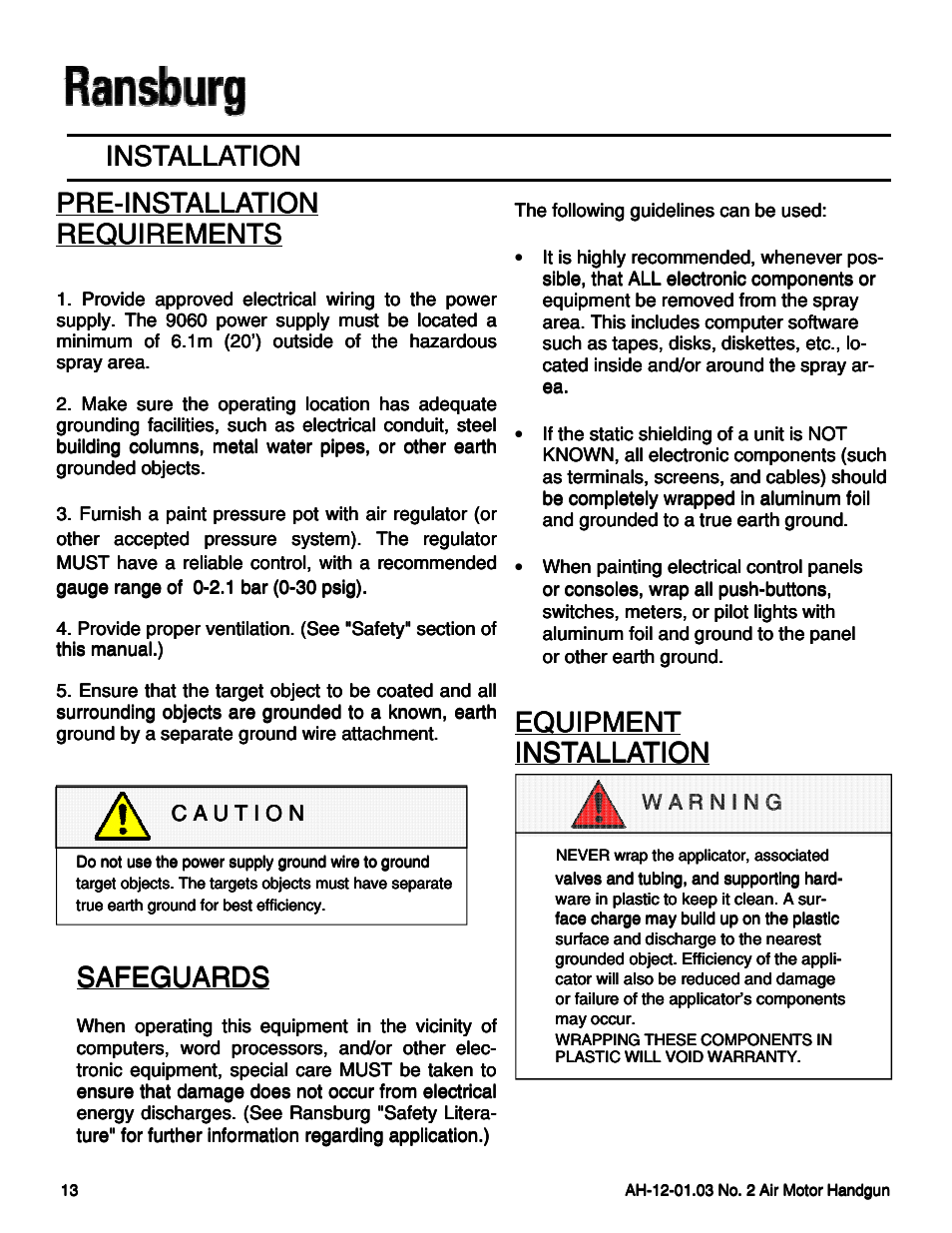 Installation, Safeguards safeguards safeguards safeguards, Equipment | Ransburg No. 2 Air Motor Atex Approved Unit 80086-XX User Manual | Page 13 / 63