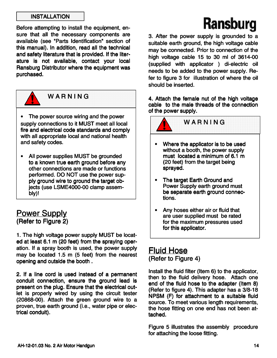 Power supply, Fluid hose | Ransburg No. 2 Air Motor Atex Approved Unit 80086-XX User Manual | Page 14 / 63