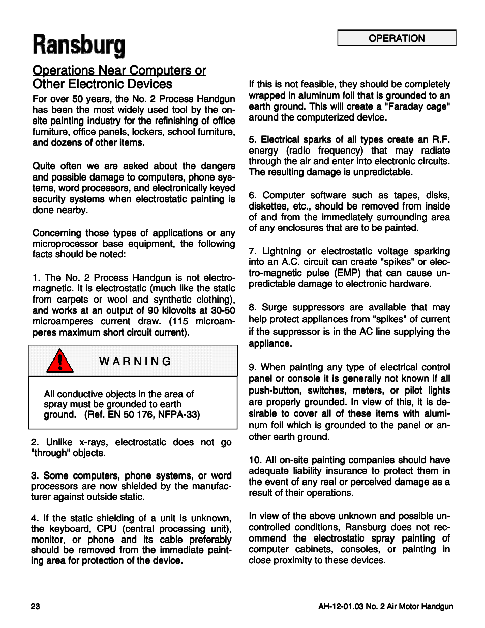 Operations near computers or | Ransburg No. 2 Air Motor Atex Approved Unit 80086-XX User Manual | Page 23 / 63