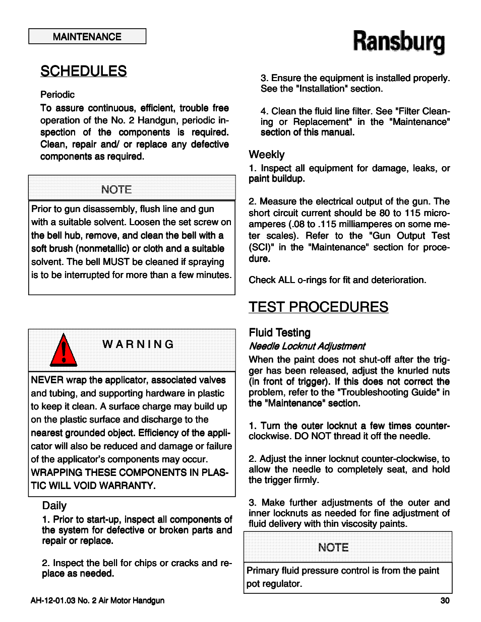 Schedules, Test procedures | Ransburg No. 2 Air Motor Atex Approved Unit 80086-XX User Manual | Page 30 / 63