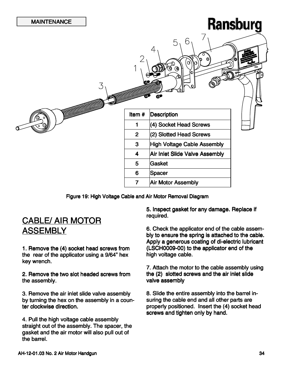 Cable/ air motor | Ransburg No. 2 Air Motor Atex Approved Unit 80086-XX User Manual | Page 34 / 63