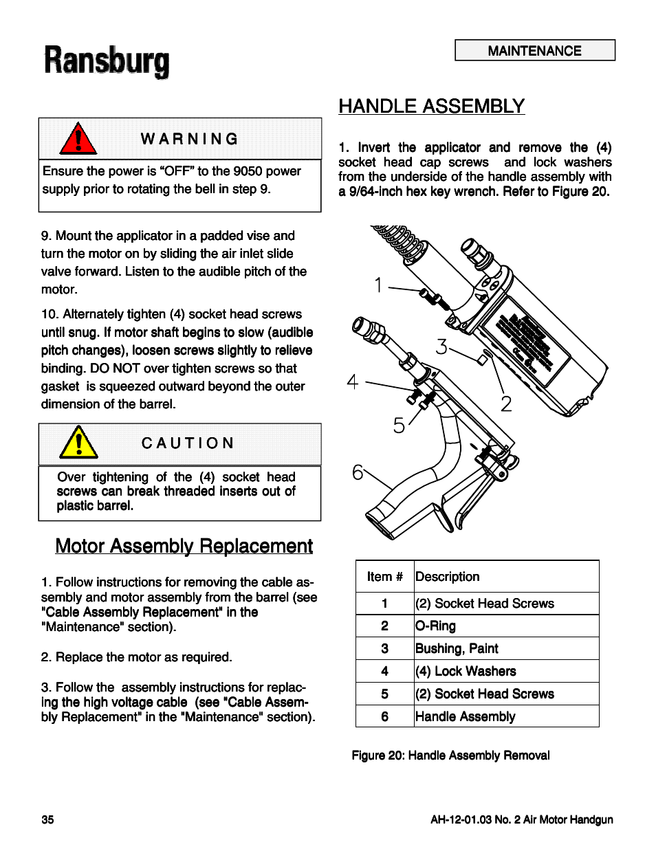 Motor assembly replacement, Handle assembly | Ransburg No. 2 Air Motor Atex Approved Unit 80086-XX User Manual | Page 35 / 63