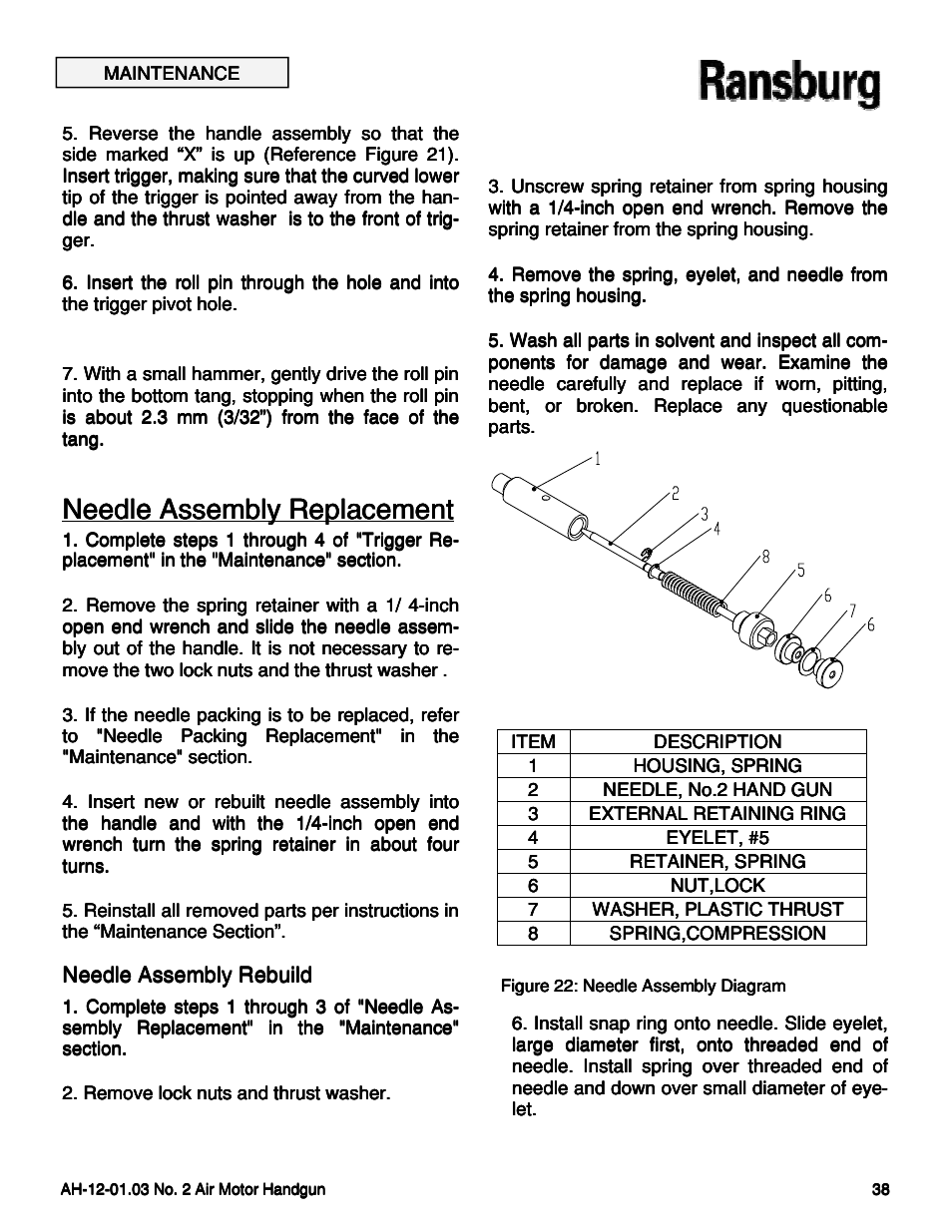 Needle assembly replacement | Ransburg No. 2 Air Motor Atex Approved Unit 80086-XX User Manual | Page 38 / 63