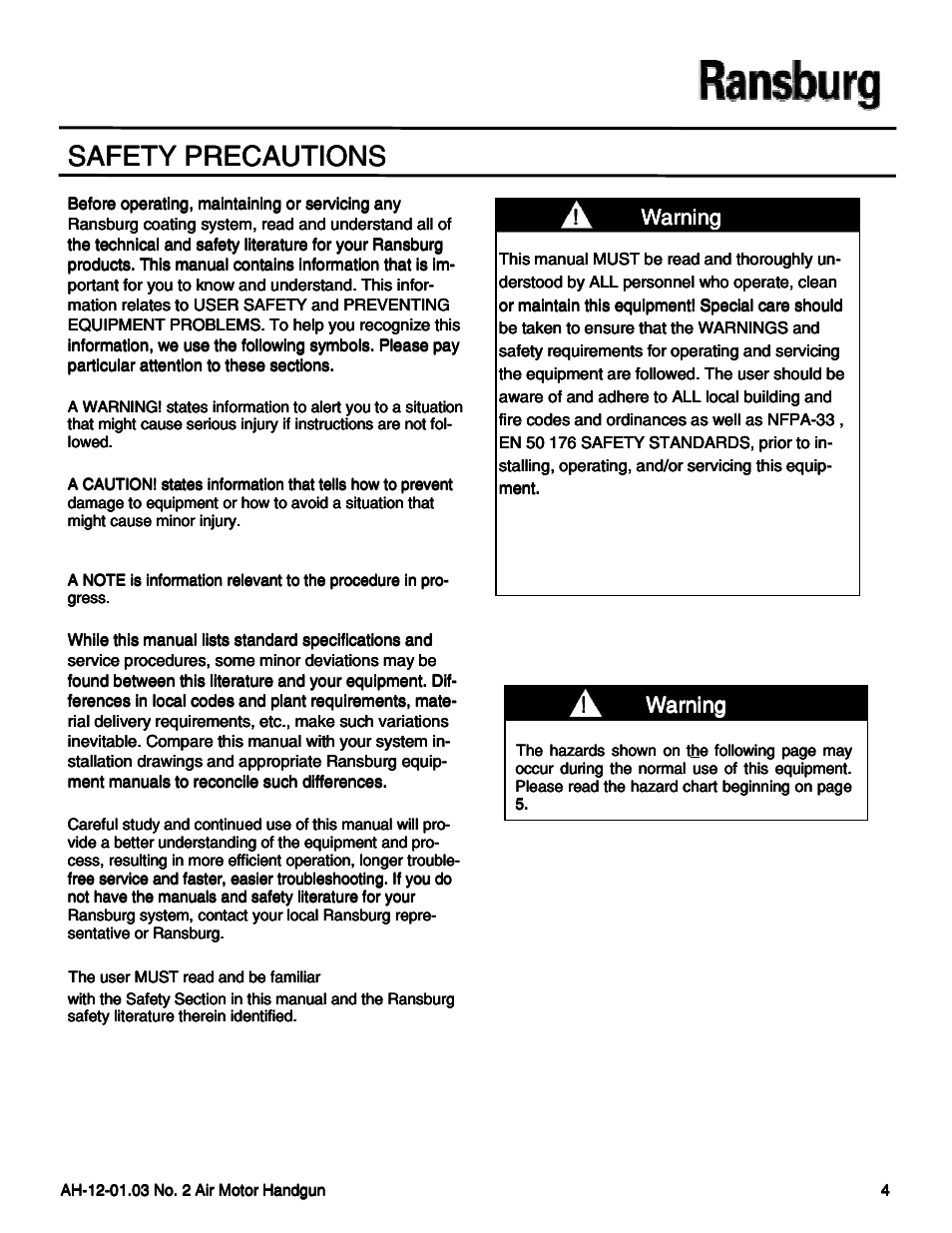 Safety precautions, Warning | Ransburg No. 2 Air Motor Atex Approved Unit 80086-XX User Manual | Page 4 / 63