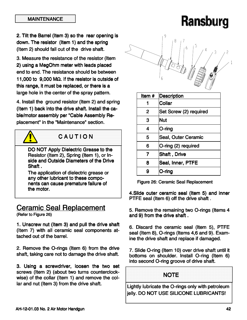 Ceramic seal replacement | Ransburg No. 2 Air Motor Atex Approved Unit 80086-XX User Manual | Page 42 / 63