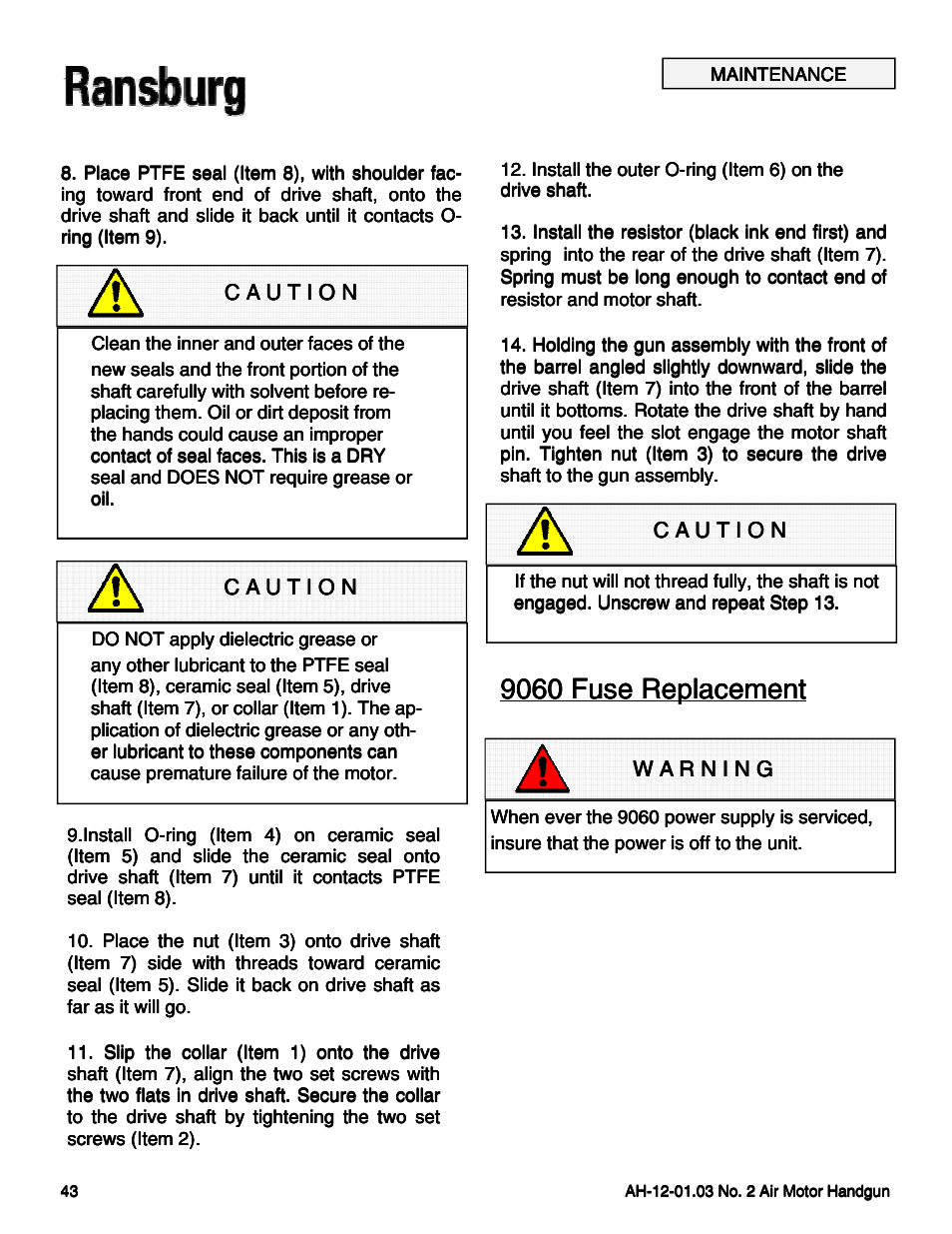 9060 fuse replacement | Ransburg No. 2 Air Motor Atex Approved Unit 80086-XX User Manual | Page 43 / 63