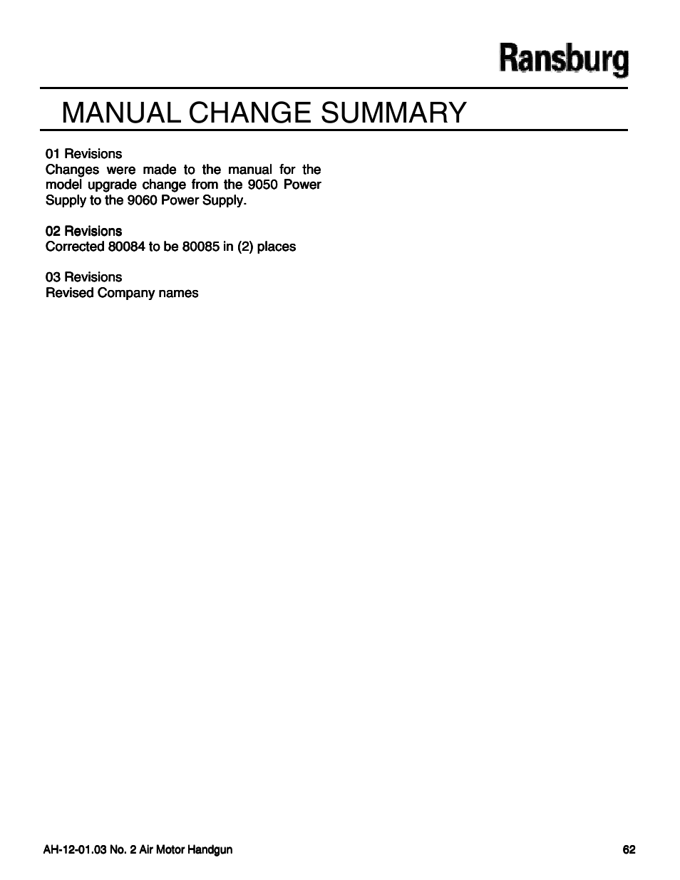 Manual change summary | Ransburg No. 2 Air Motor Atex Approved Unit 80086-XX User Manual | Page 62 / 63