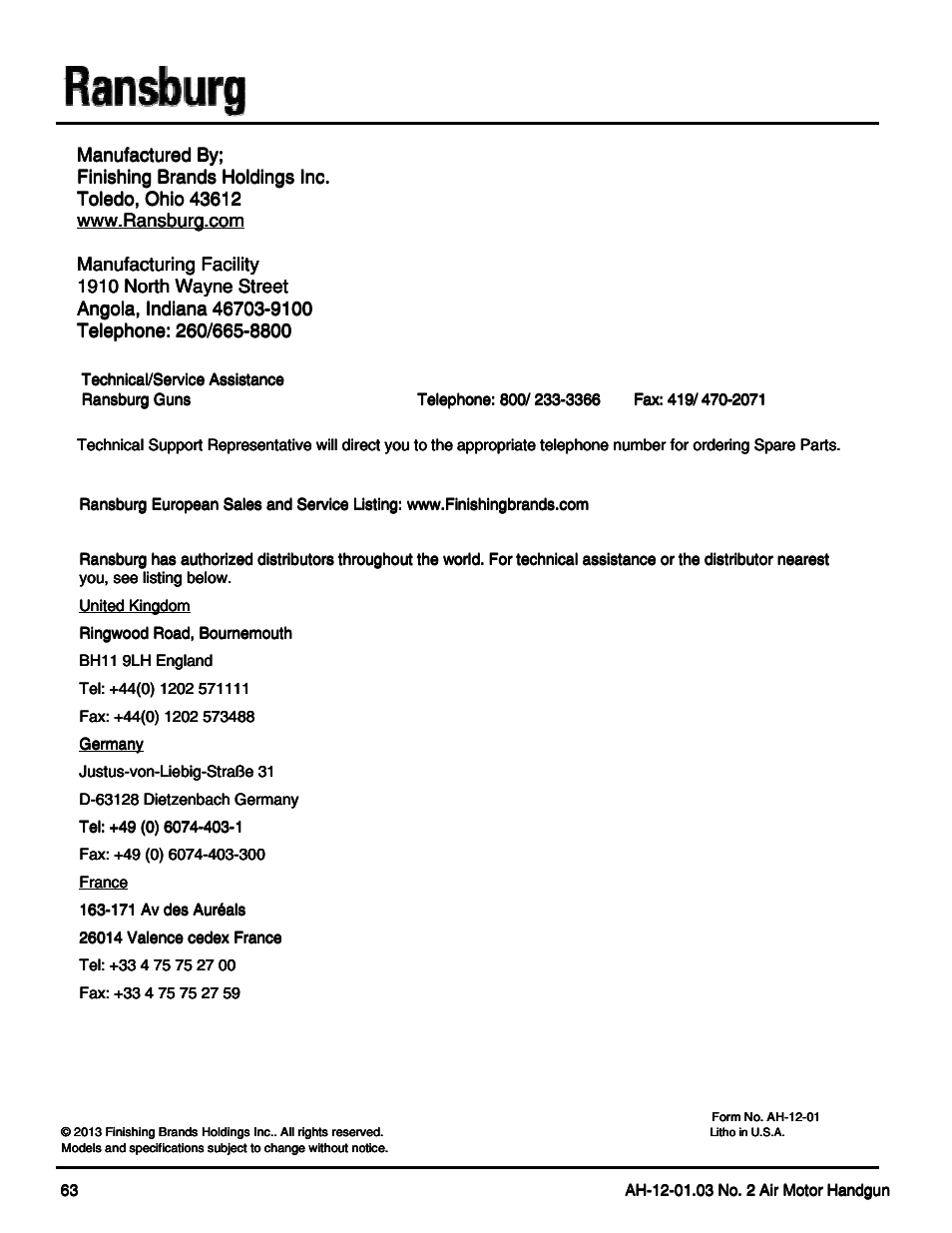 Ransburg No. 2 Air Motor Atex Approved Unit 80086-XX User Manual | Page 63 / 63