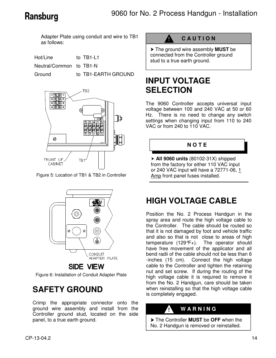 Safety ground, Input voltage selection, High voltage cable | Ransburg 9060 HV P.S. Air Motor 80102-31X User Manual | Page 19 / 36