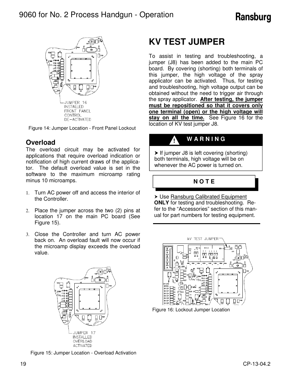 Kv test jumper, Overload | Ransburg 9060 HV P.S. Air Motor 80102-31X User Manual | Page 24 / 36