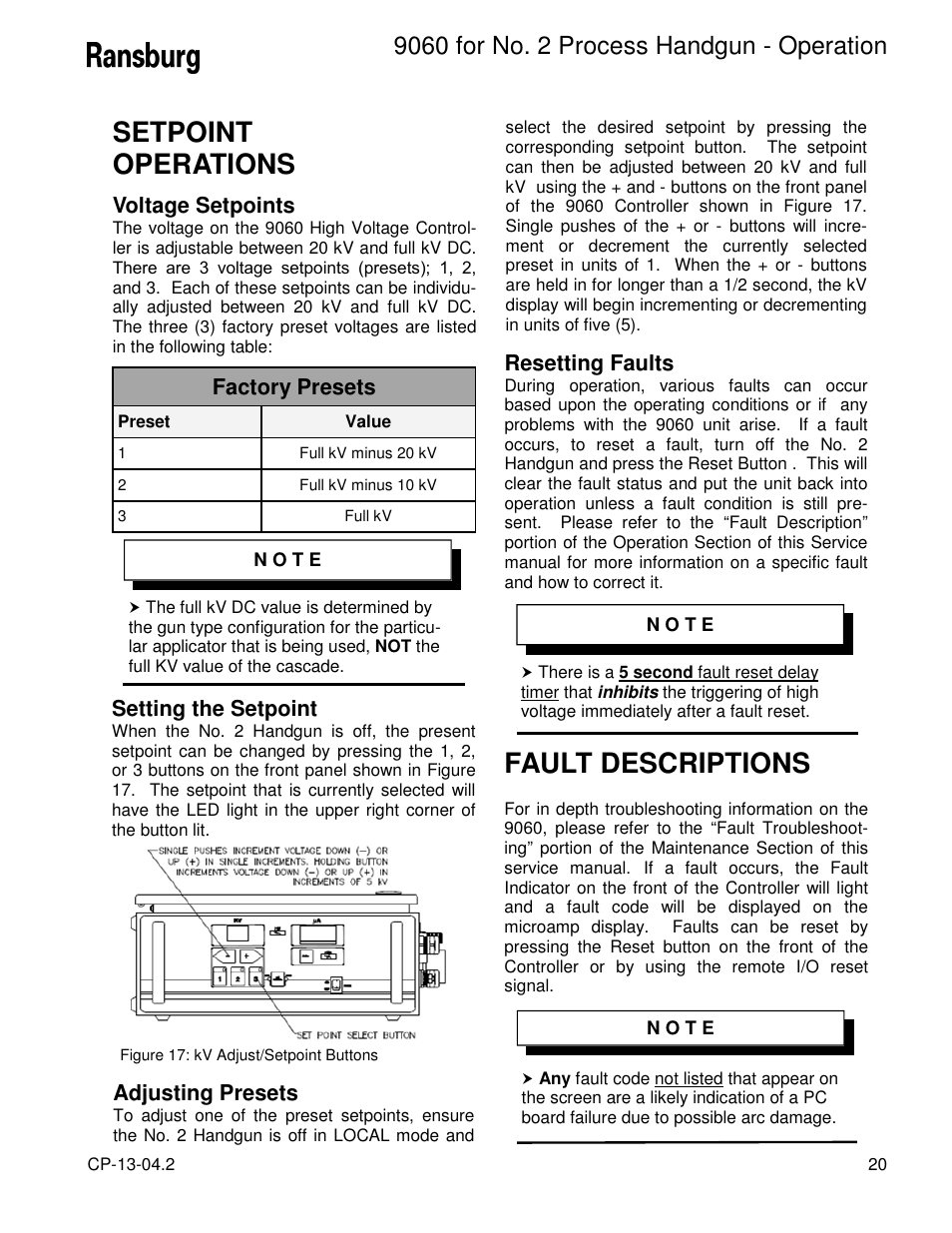 Setpoint operations, Fault descriptions | Ransburg 9060 HV P.S. Air Motor 80102-31X User Manual | Page 25 / 36