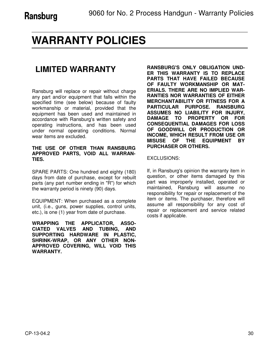 Warranty policies, Limited warranty | Ransburg 9060 HV P.S. Air Motor 80102-31X User Manual | Page 35 / 36