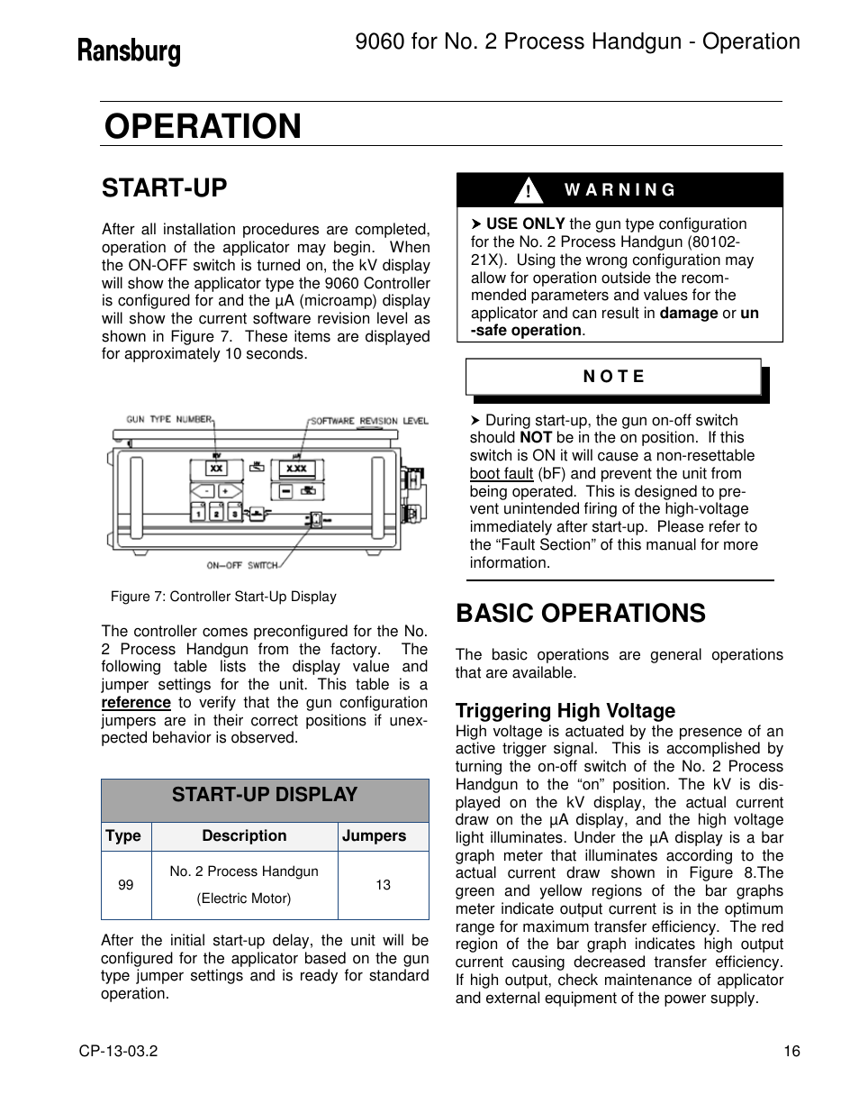 Operation, Basic operations, Start-up | Ransburg 9060 HV P.S. Electric Motor 80102-21X User Manual | Page 21 / 42