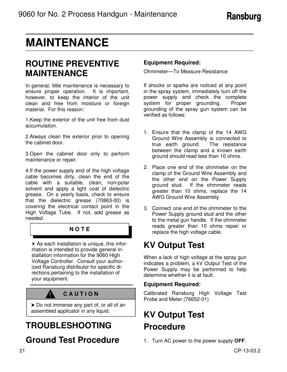 Maintenance, Routine preventive maintenance, Kv output test | Kv output test procedure, Troubleshooting ground test procedure | Ransburg 9060 HV P.S. Electric Motor 80102-21X User Manual | Page 26 / 42