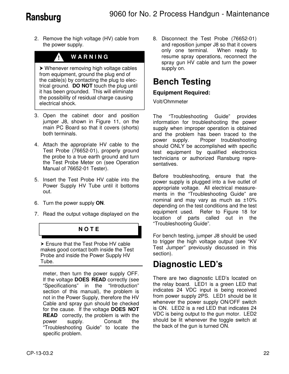 Bench testing, Diagnostic led’s | Ransburg 9060 HV P.S. Electric Motor 80102-21X User Manual | Page 27 / 42