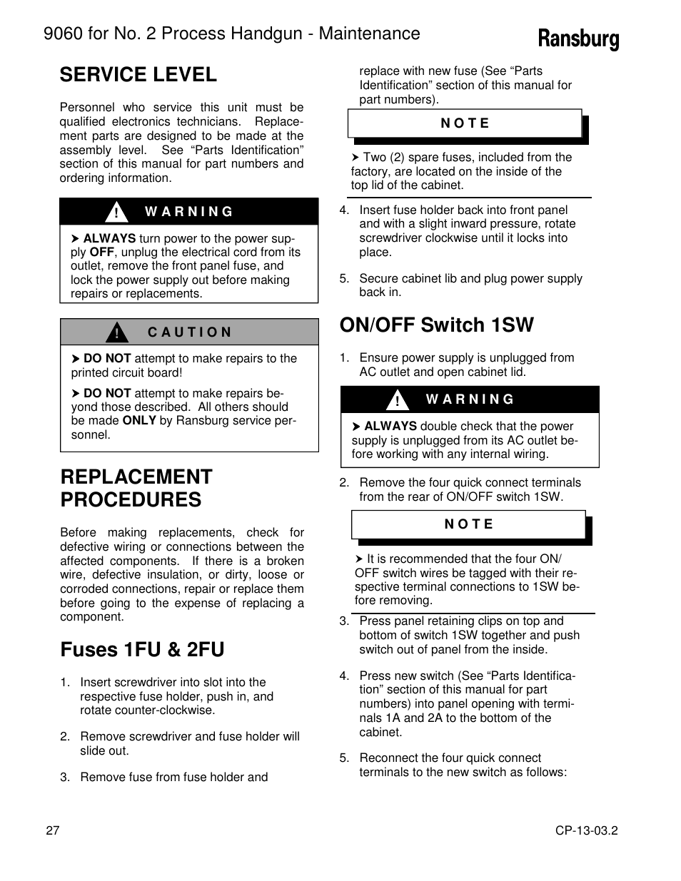 Service level, Replacement procedures, Fuses 1fu & 2fu | On/off switch 1sw | Ransburg 9060 HV P.S. Electric Motor 80102-21X User Manual | Page 32 / 42