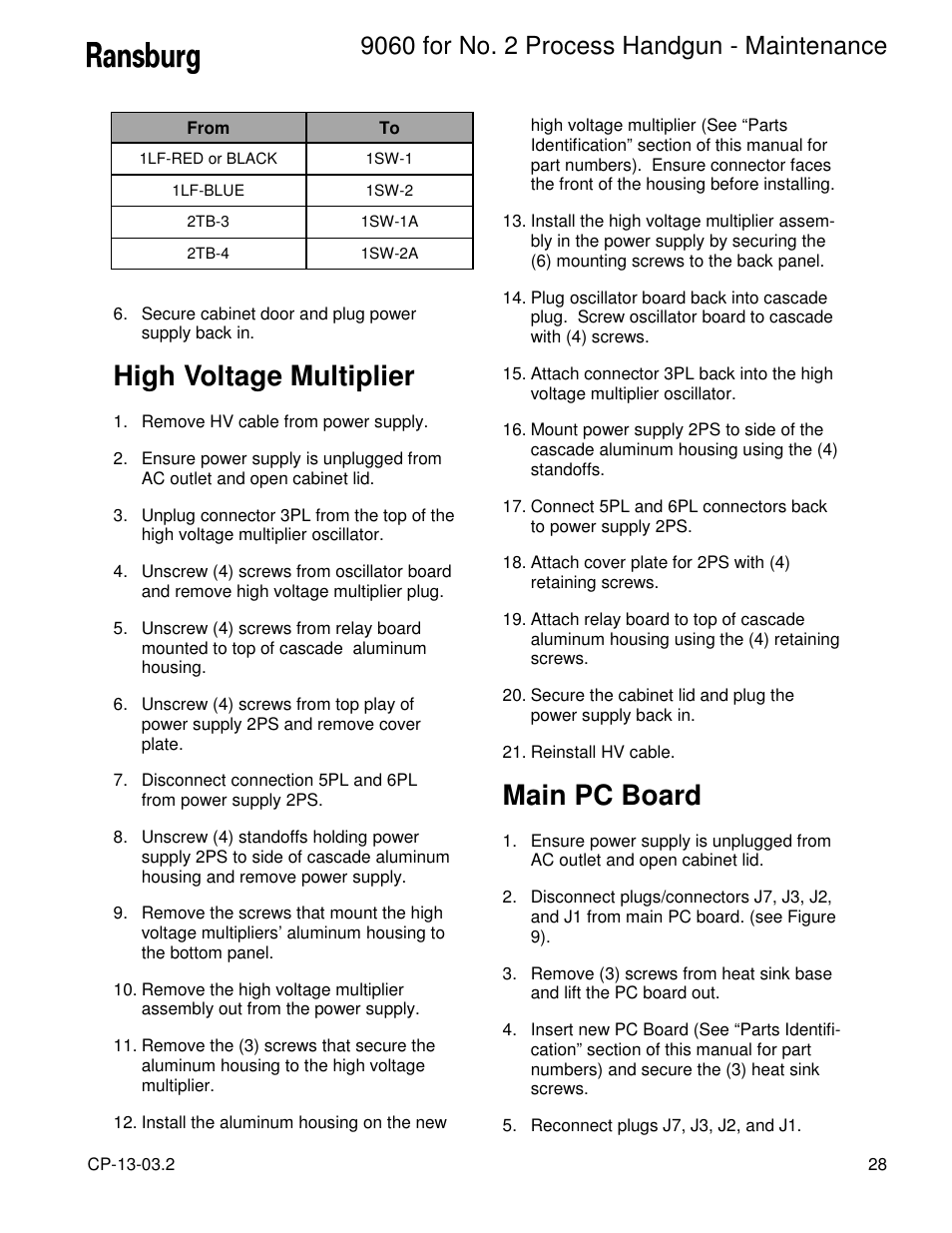 High voltage multiplier, Main pc board | Ransburg 9060 HV P.S. Electric Motor 80102-21X User Manual | Page 33 / 42