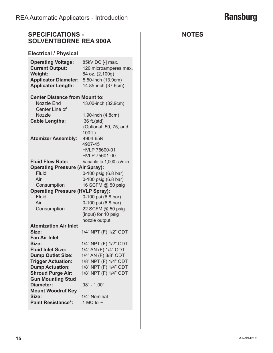 Ransburg, Specifications - solventborne rea 900a, Rea automatic applicators - introduction | Ransburg REA Automatic Applicators 77359, 76110, 77140 User Manual | Page 19 / 66