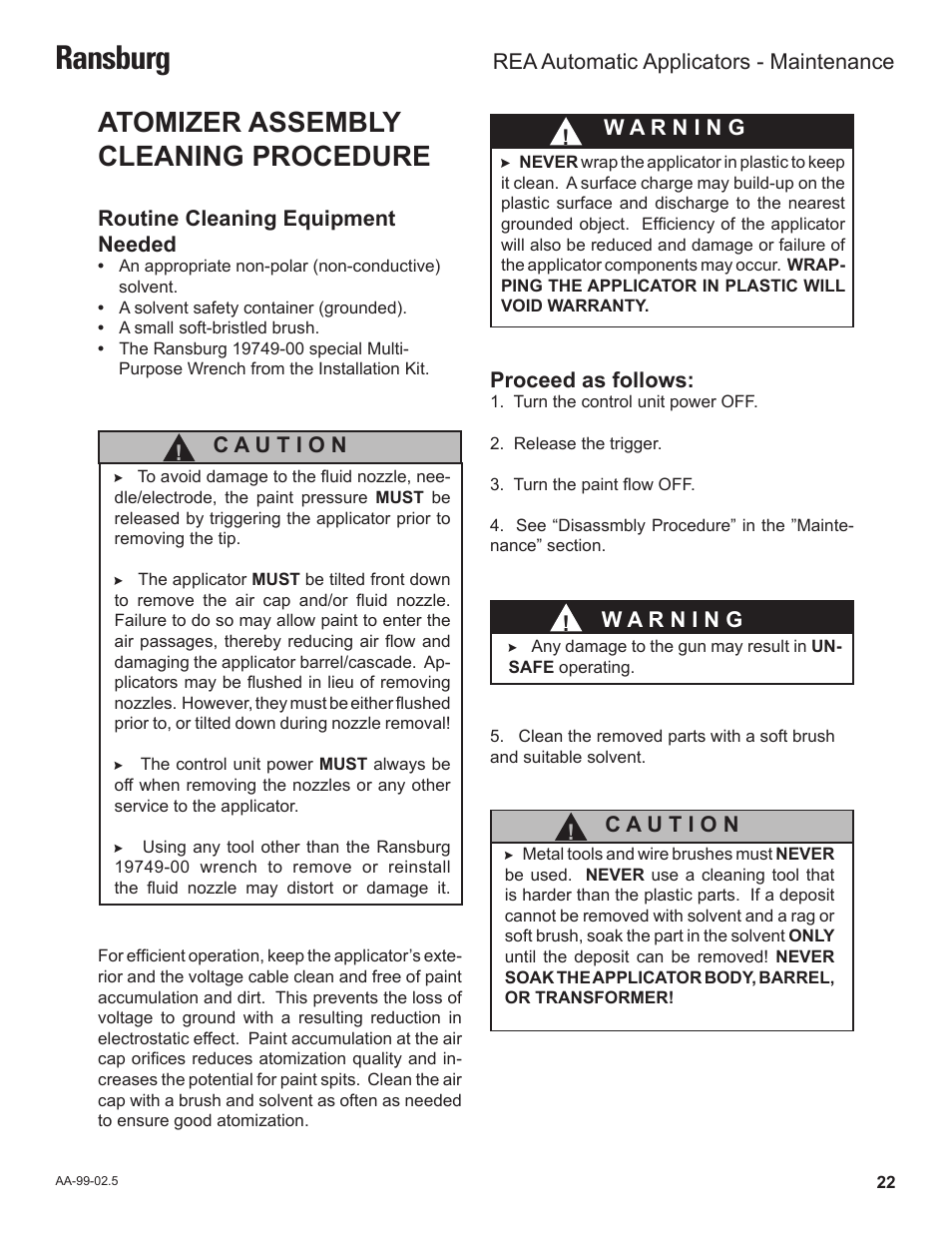 Ransburg, Atomizer assembly cleaning procedure | Ransburg REA Automatic Applicators 77359, 76110, 77140 User Manual | Page 26 / 66