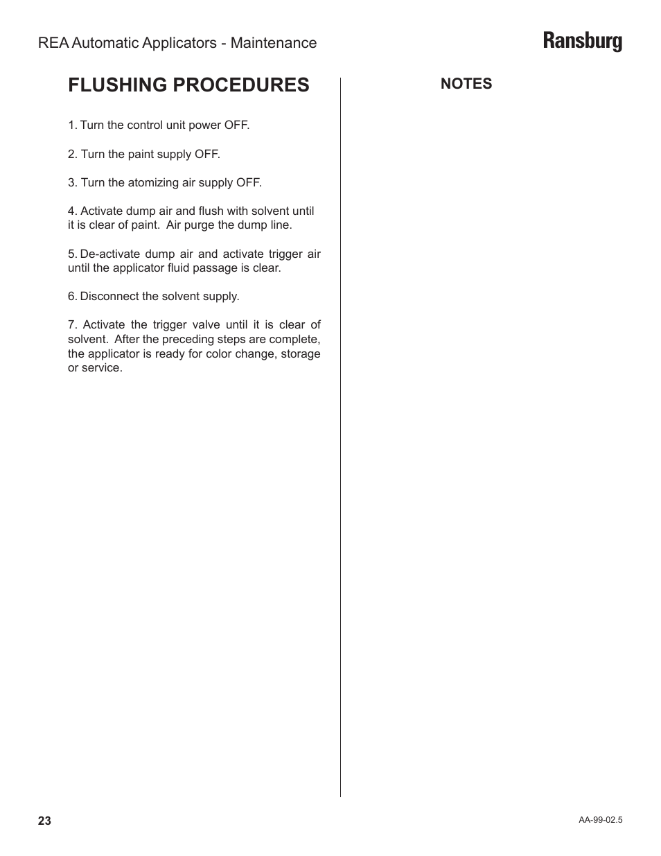 Ransburg, Flushing procedures | Ransburg REA Automatic Applicators 77359, 76110, 77140 User Manual | Page 27 / 66