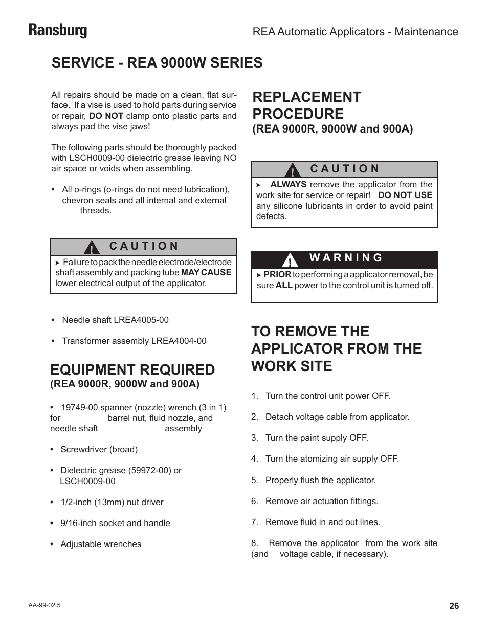 Ransburg, Service - rea 9000w series, Replacement procedure | Equipment required | Ransburg REA Automatic Applicators 77359, 76110, 77140 User Manual | Page 30 / 66