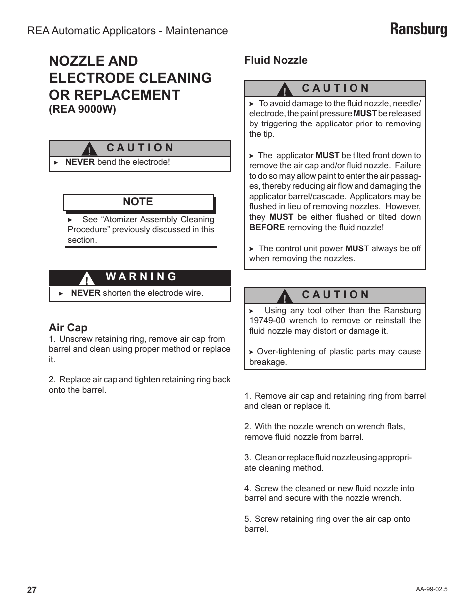 Ransburg, Nozzle and electrode cleaning or replacement | Ransburg REA Automatic Applicators 77359, 76110, 77140 User Manual | Page 31 / 66