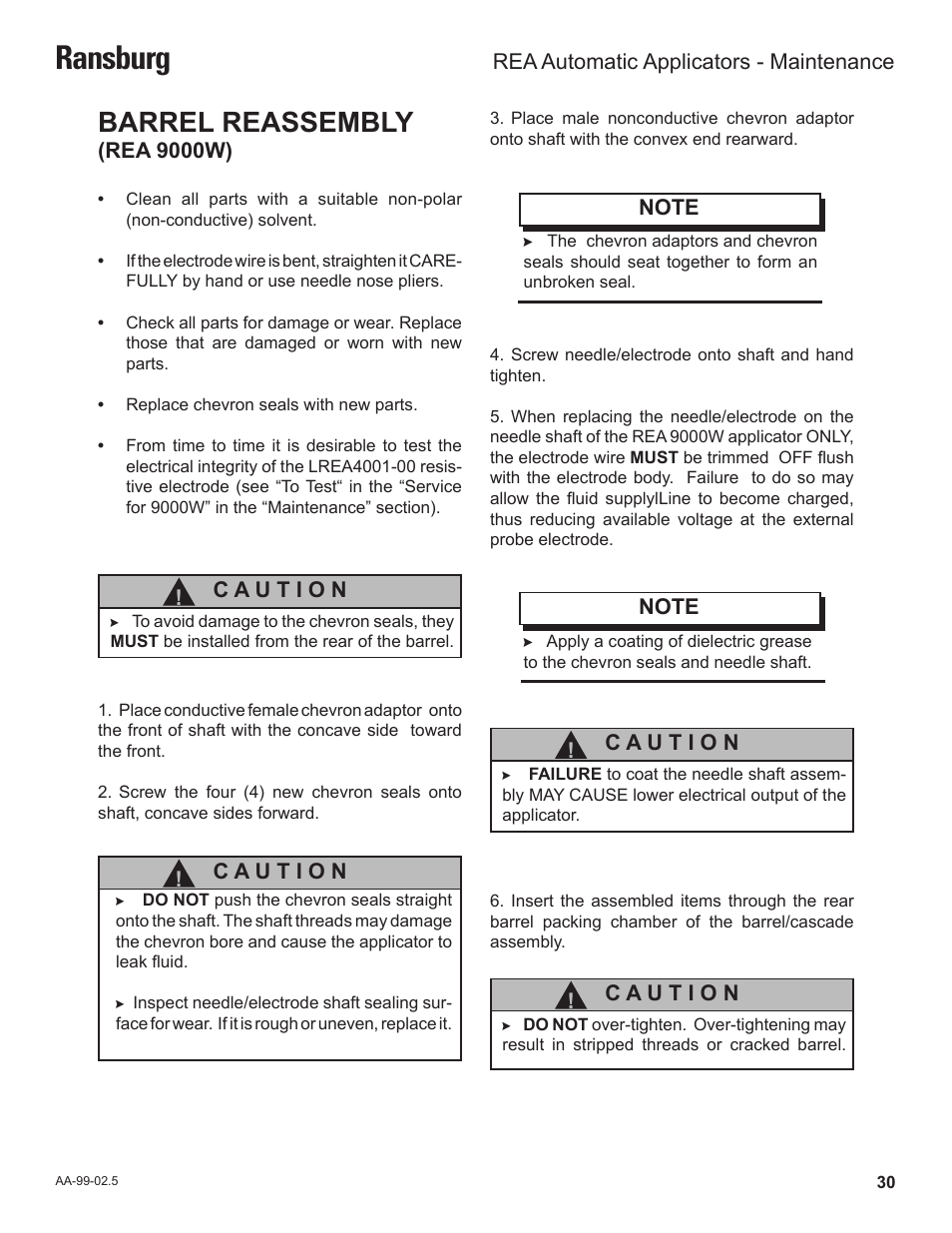 Ransburg, Barrel reassembly | Ransburg REA Automatic Applicators 77359, 76110, 77140 User Manual | Page 34 / 66