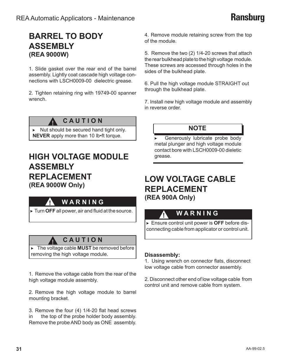 Ransburg, Barrel to body assembly, High voltage module assembly replacement | Low voltage cable replacement | Ransburg REA Automatic Applicators 77359, 76110, 77140 User Manual | Page 35 / 66