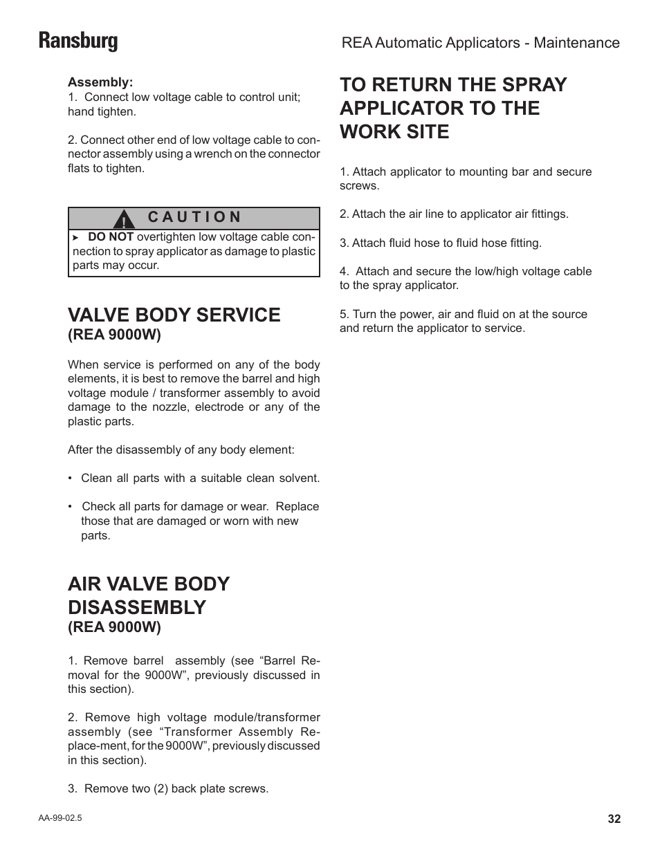 Ransburg, Valve body service, Air valve body disassembly | Ransburg REA Automatic Applicators 77359, 76110, 77140 User Manual | Page 36 / 66