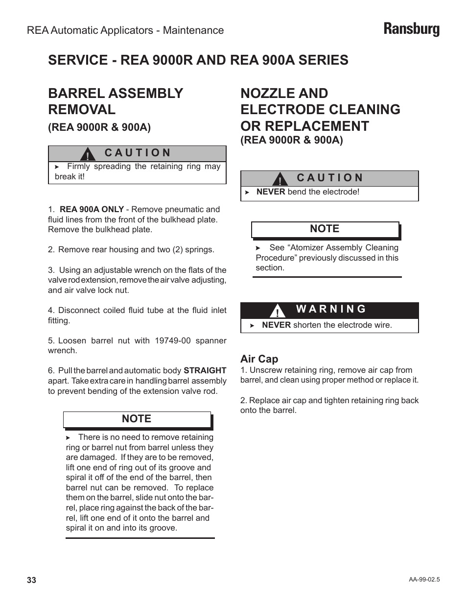 Ransburg, Nozzle and electrode cleaning or replacement | Ransburg REA Automatic Applicators 77359, 76110, 77140 User Manual | Page 37 / 66