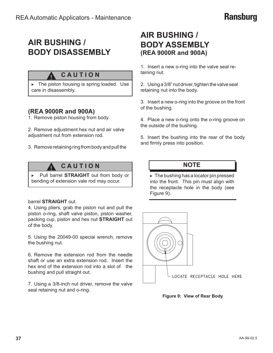 Ransburg, Air bushing / body disassembly, Air bushing / body assembly | Ransburg REA Automatic Applicators 77359, 76110, 77140 User Manual | Page 41 / 66