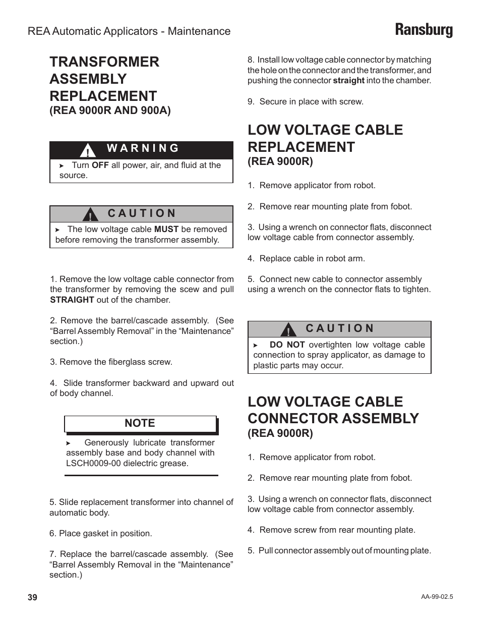 Ransburg, Transformer assembly replacement, Low voltage cable replacement | Low voltage cable connector assembly | Ransburg REA Automatic Applicators 77359, 76110, 77140 User Manual | Page 43 / 66