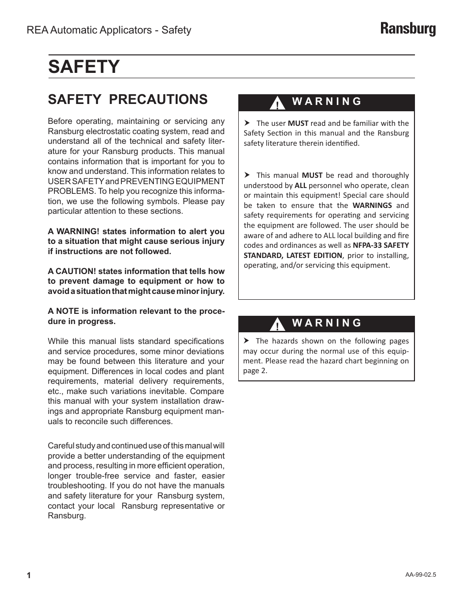 Safety, Ransburg, Safety precautions | Ransburg REA Automatic Applicators 77359, 76110, 77140 User Manual | Page 5 / 66